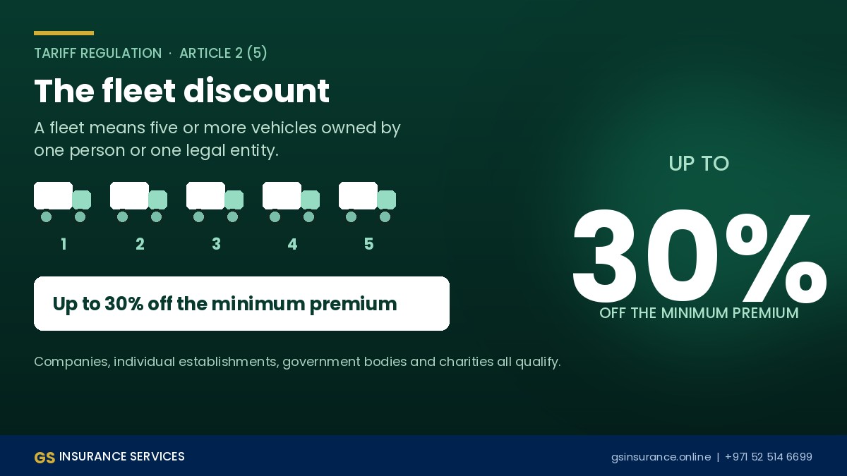 UAE commercial vehicle insurance fleet discount of 30 percent for five or more vehicles
